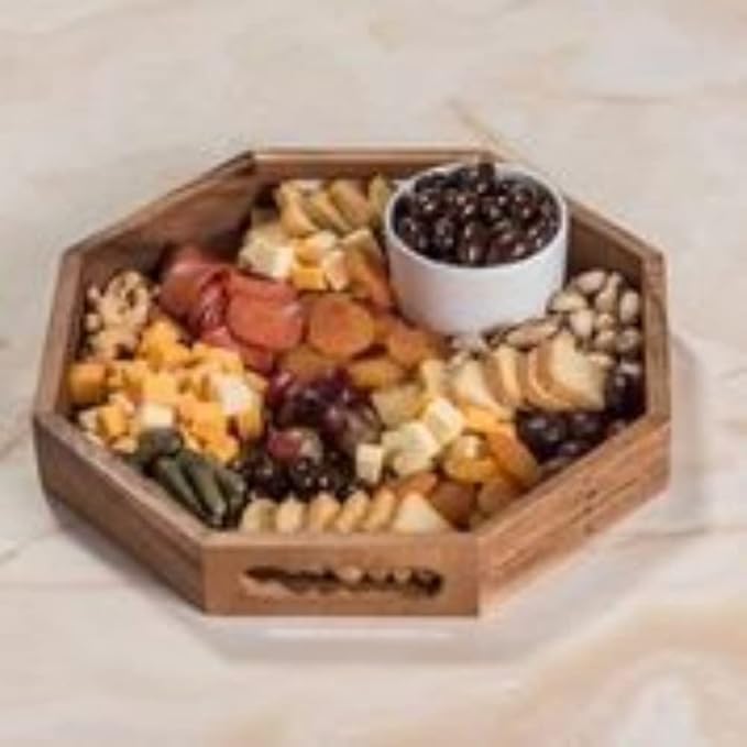 Acacia Wood Octagon Serving Tray – 13” Rustic Wooden Tray for Coffee Table, Kitchen or Home Decor