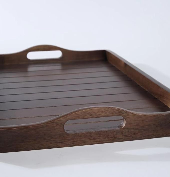 Large Acacia Wooden Serving Tray with Handles 20 x 14 inch Decorative Coffee Table Ottoman Tray for Living Room Extra Large for Kitchen Dinner Food Bar Breakfast in Bed (Dark Brown)