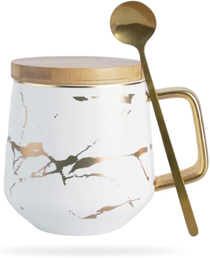 Classic Ceramic Kintsugi Style White Coffee Tea Mug with Gold Inlay, Spoon and Bamboo Lid- 12 OZ, Large Mugs for Men and Women, Unique Design, Perfect Novelty Gift- Dishwasher Safe