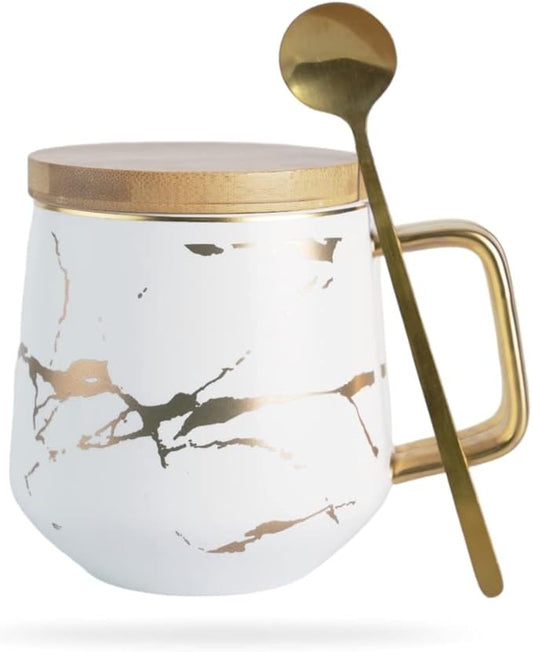 Classic Ceramic Kintsugi Style White Coffee Tea Mug with Gold Inlay, Spoon and Bamboo Lid- 12 OZ, Large Mugs for Men and Women, Unique Design, Perfect Novelty Gift- Dishwasher Safe