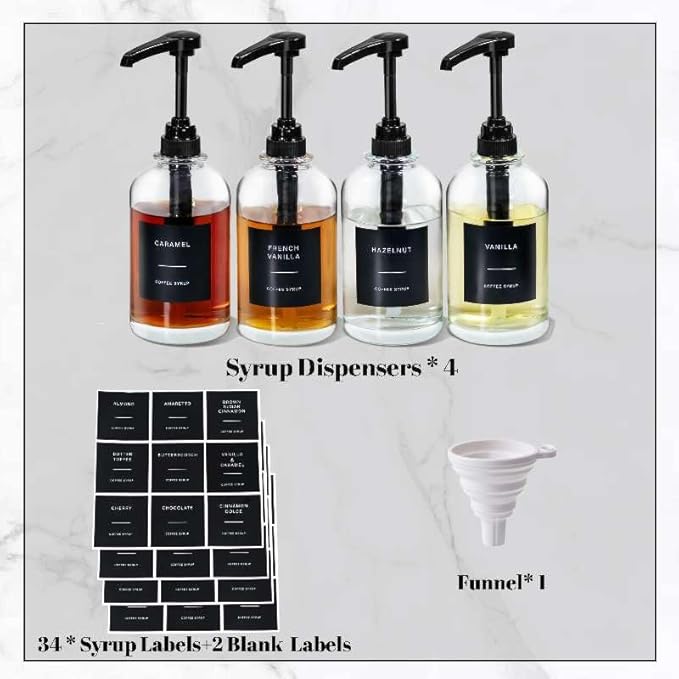 Coffee Syrup Dispenser for Coffee Bar, Glass Syrup Bottle with 1/4 oz Large Capacity Pump, Syrup Pump Dispenser with Pump for Coffee Station, Black,16.9oz, Set of 4