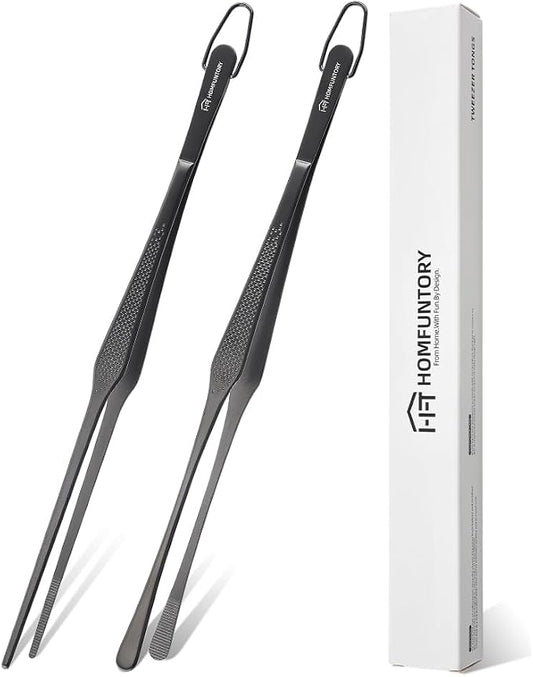 Stainless Steel Cooking Tweezers, 12-Inch Precision Kitchen Tweezers with Star Dot Texture, Wider Grip & Elevated Tips | Galaxy Grip Series, 2 Pcs (Black)