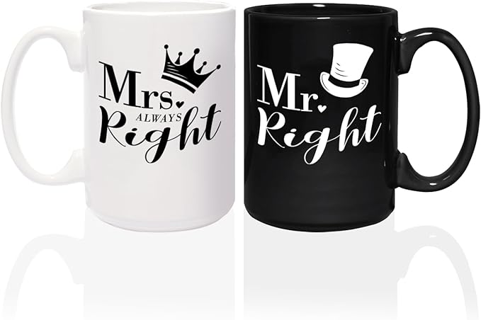 Mr. Right And Mrs. Always Right Mugs / 2 Jumbo 15 Ounce Black And White Matching Ceramic Mugs / Funny Couples Wedding Coffee Cup Present Set / One Black Mug One White Mug Relationship Cup Pair