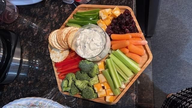 Bamboo Serving Trays Cutting Boards 16.5"x11.8"（42x30cm with Handle, Set Includes 0.63"(1.6cm) Thick Plates 1xHexagon 12.5"(32cm)+1xHexagon 9.8"(25cm)+1xSquare 5.9"(15cm) for Family Dinner