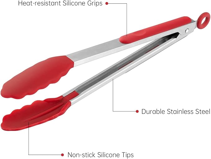 12 Inch Kitchen Tongs, Cooking Tongs with Silicone Tips and Stainless Steel Handle, Non Stick Heat Resistant Tongs for Cooking, Buffet, Salad Serving (12", Red)