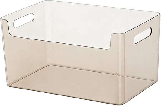 Transparent plastic storage box with lid and handle, stackable kitchen organizer for refrigerator, cabinet, pantry, bathroom, and office (Tea color (without lid), L)