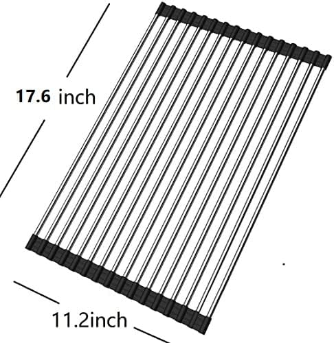 Roll up Dish Drying Rack Over The Sink Portable Stainless Still Rolling Rack Folding Mat for Kitchen Counter (Black, 17.7''LX11.8''W)