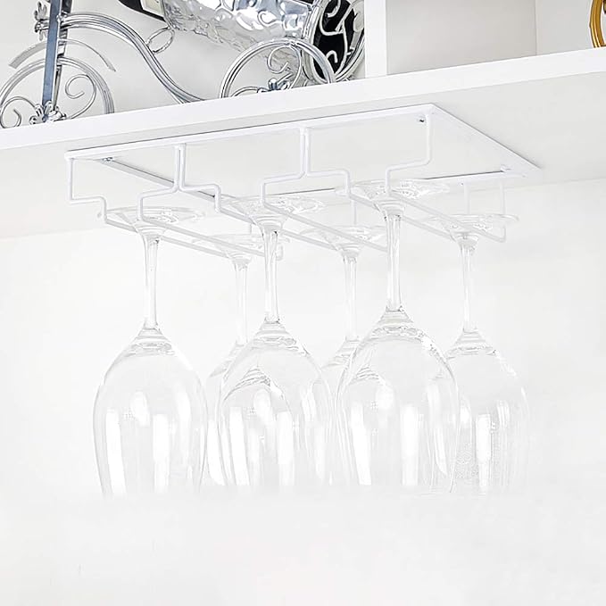FOMANSH Wine Glass Rack - Under Cabinet Stemware Wine Glass Holder Glasses Storage Hanger 2 Pack Metal Organizer for Bar Kitchen White