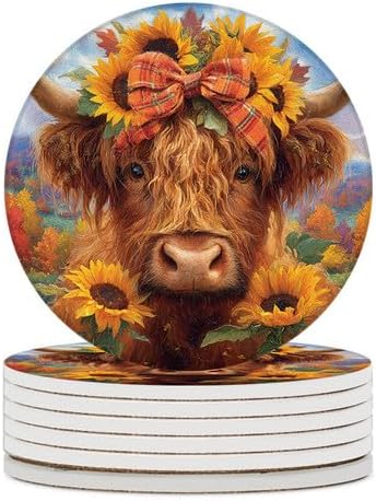 Highland Cow Coasters Set of 6, 4inch Coasters for Drinks Absorbent Stone with Holder Sunflower Decorations Ceramic Drink Coaster for Tabletop Protection, Coffee Table Decor for Home Decor
