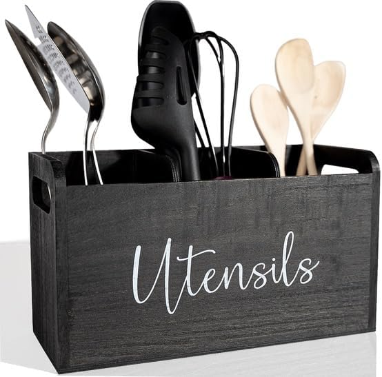 Black Kitchen Utensil Holder for Countertop – Large 3-Compartment Cooking Utensil Organizer & Caddy with Drain Holes, Modern Wood Utensil Holder for Kitchen Counter, Spatula & Spoon Storage