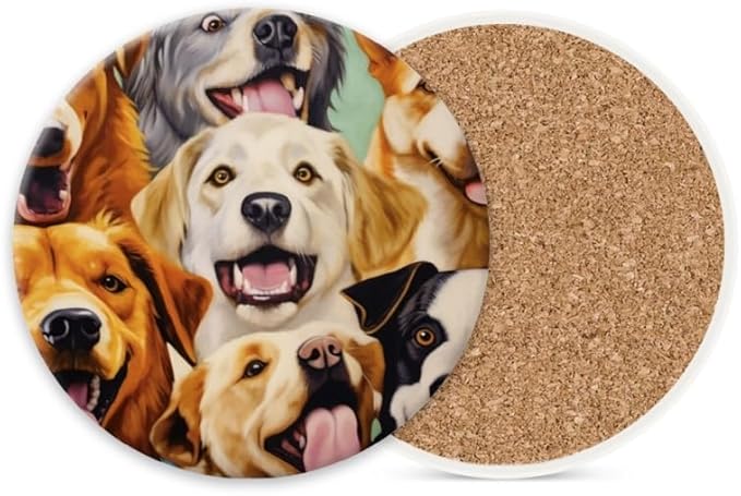 Ceramic Stone Coasters for Drinks Set of 1, Happy Dogs with Smiling Faces Round Absorbent Cup Coasters Protection for Coffee Table Kitchen Counter Decor (4 * 4 Inch)