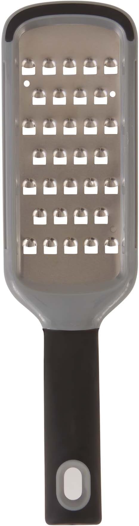 RSVP International Paddle Grater, Etched Steel Blades, Stainless Steel Hand Held Kitchen Cheese & Vegetable Shredder Comfort Grip Handle and Anti-Slip Foot, Safety Cover Included, Extra-Coarse