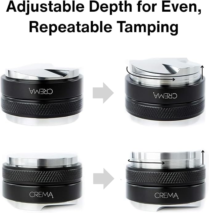 CREMA Coffee Products 58.5mm Hand Tamper & Distributor | Compatible with any 58mm | Double-Sided, Adjustable Depth Tool | Made with Durable 304 Stainless Steel | Black
