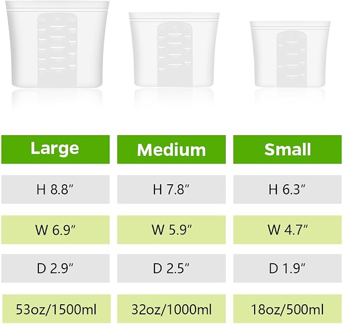 Winrock Reusable 100% Silicone Food Storage Bags, Sandwich Snack Bags New Generation Stand Up Zip Container for Soup and Leftovers, Plastice & BPA Free, Microwave Oven Safe 3 Pack (51oz, 34oz, 17oz)