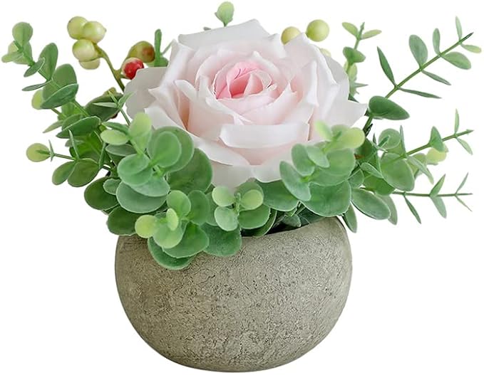 Small Artificial Light Pink Rose Potted Plant, 6" Fake Silk Flowers in 3.5" Round Pot, Mini Faux Floral Arrangement for Desk Shelf Bathroom Decor
