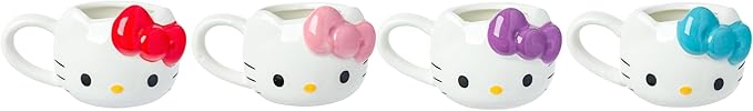 Silver Buffalo Sanrio Hello Kitty Different Color Bows 4 Pack 3D Sculpted Ceramic Mini Mug Set, Perfect as a Sugar, Cream, or Milk Set