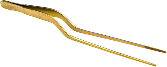 O'Creme 8 Inch Gold-Colored-Exterior Stainless Steel Precision Kitchen Culinary Offset Tweezer Tongs