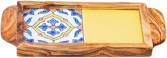 Kamsah Olive Wood Serving Tray with Handles (L:11”, W:5”) Decorative Rectangle Serving Trays for Serving Food, Drinks, Tea, Coffee - Rustic Vintage Wooden Serving Tray for Table & Gifts - Alhambra