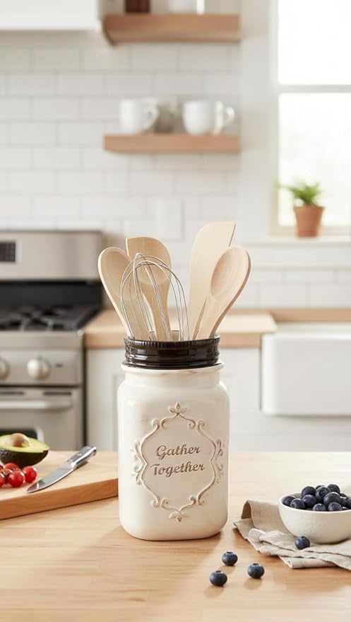 Young's Inc Farmhouse Ceramic Kitchen Tool Holder with Wooden Utensils, Decorative Gather Together Mason Jar Organizer for Kitchen Tools,10.5"
