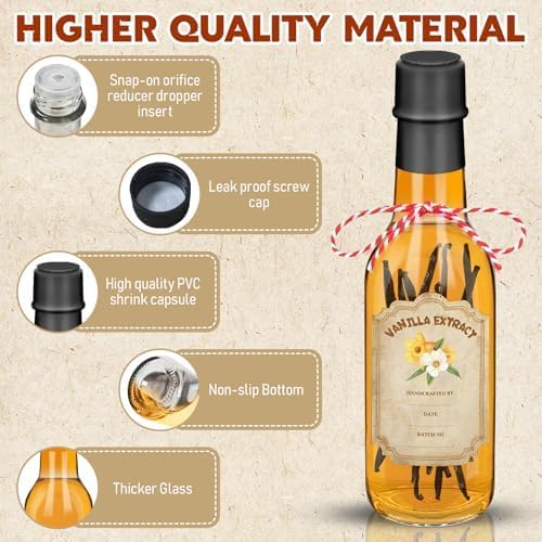 16 Pack Glass Vanilla Extract Bottles 5 oz with Lids, Vanilla Extract Labels, Shrink Band and Funnel, Glass Jar Vanilla Bottles for Syrup, Jars for Vanilla Extract, Glass Bottles for Vanilla Extract