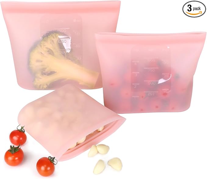 Reusable Silicone Food Storage Bags (Set of 3) – Leakproof Zip Seal, BPA-Free, Freezer & Microwave Safe – for Meal Prep, Snacks, Fruits, and More (Pink Set)