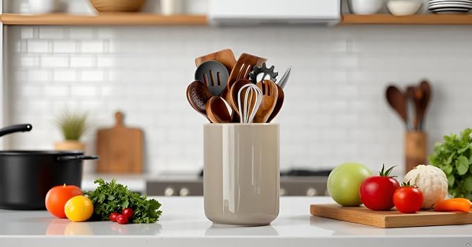 Utensil Holder,Ceramic Kitchen Utensil Holder for Countertop, Vintage Farmhouse Kitchen Decor for Counter, Gift（6.3 * 4.72inch）
