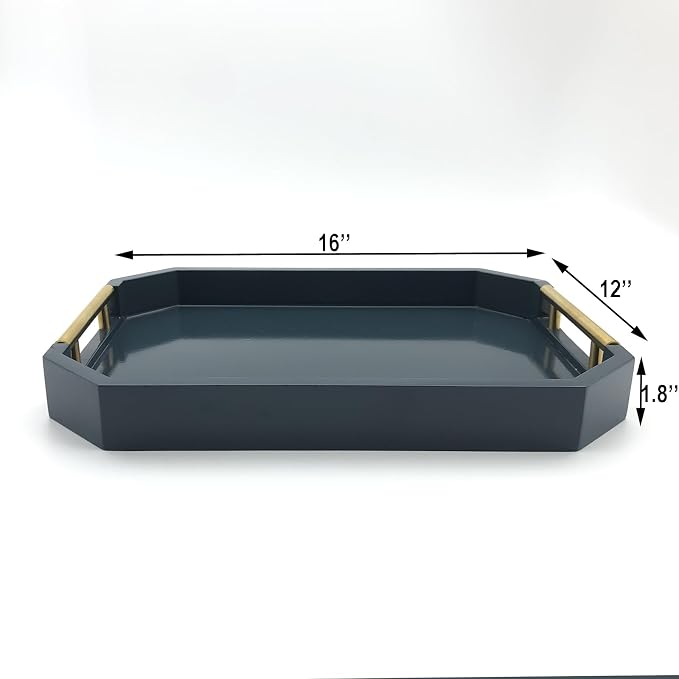 Serving Tray with Polished Metal Handles, Hexagon Coffee Table Tray, Modern Rectangle Decorative Tray, Large Ottoman Tray, Perfect for Storage and Display (Blue Rectangle)