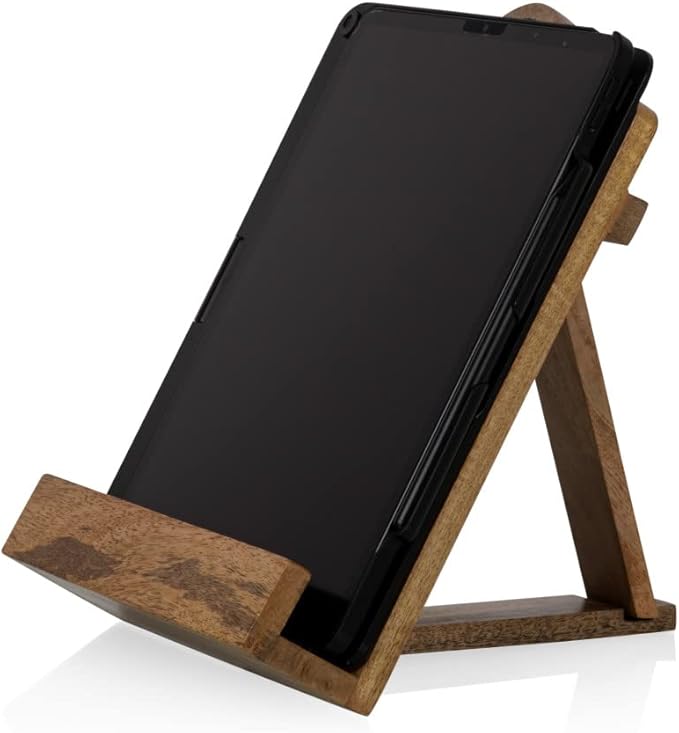 PICNIC TIME Disney Mickey Mouse Cookbook Stand and Tablet Holder, Mango Wood Folding Recipe Book Stand with Metal Mickey Icon, Countertop Kitchen Display Stand, (Mango Wood)