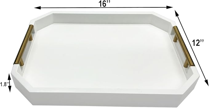 Serving Tray with Polished Metal Handles, Hexagon Coffee Table Tray, Modern Rectangle Decorative Tray, Large Ottoman Tray, Perfect for Storage and Display (White Rectangle)