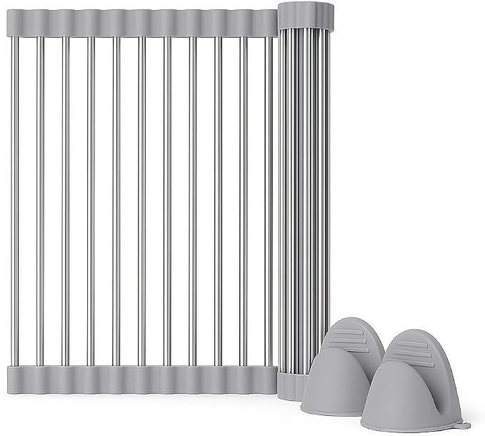 Over Sink Dish Dryng Rack - Roll Up Stainless Stell & Silicone Drying mat, Heat Resistant, Non-Slip & Foldable, Space Saving Kitchen Organizer (17.3"x 15.7")
