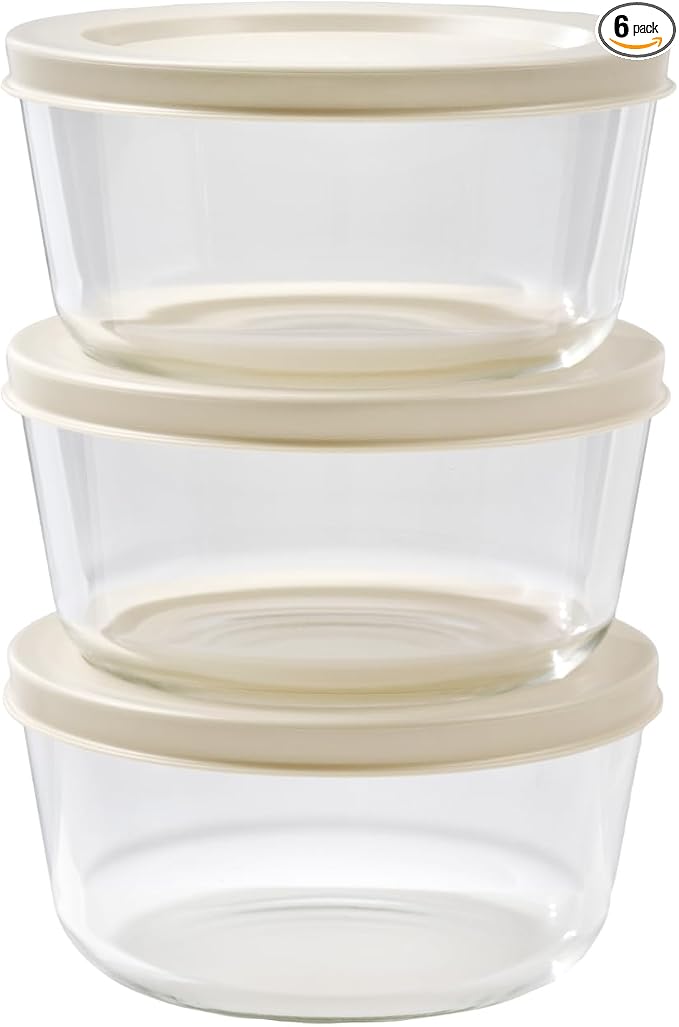 6-Piece Glass Food Storage Containers Set (3 Containers + 3 BPA-Free Lids) | 2-Cup, Leakproof | Microwave, Freezer, Oven & Dishwasher Safe | Ideal for Meal Prep & Pantry Organization, Beige