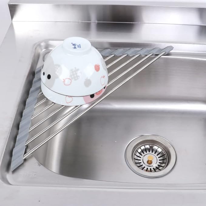 Over the Sink Dish Drying Rack Roll Up and Triangle for Kitchen Corner Drainer Mat Foldable Stainless Steel (Triangle), Silver