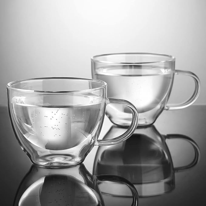 ecooe Double Walled Glass Coffee Mug 12 oz Latte Cappuccino Cups Set of 2, Clear Glass Coffee Cups with Handle, 350 ml Insulated Coffee Cup Borosilicate Heat Resistant Glass Mug Tea Cup