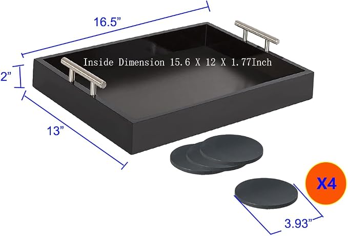 Serving Tray 16.5“X 13“Deluxe Wooden Ottoman Tray for Coffee Table with Polished Silver Metal Handles and 4 Coasters, Living Room Bathroom Coffee Bar Organizer Modern Decorative Black