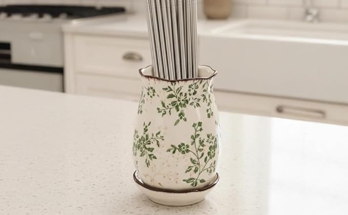 Farmhouse Utensil Holder, Floral Ceramic Chopstick Organizer, White & Green Flower Pattern, Vintage Kitchen Countertop Decor, 5.9 In