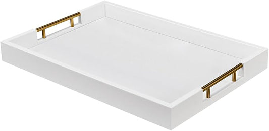 16×20 Inches White Faux Leather Coffee Serving Tray Decorative Ottoman Trays with Gold Metal Handles Decor for Living Room Rectangle Large Bed Breakfast Organizer for All Occasions Multipurpose Using