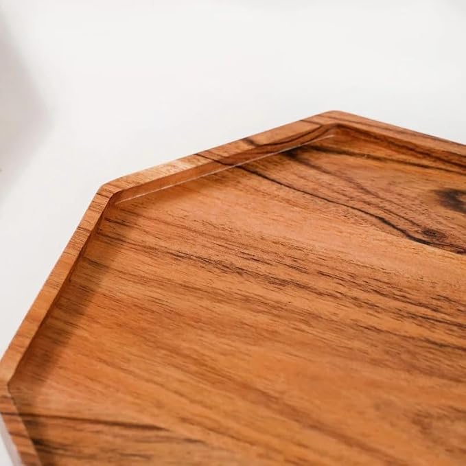 Wooden Serving Tray for Kitchen and Home Decor | Acacia Wood Octagonal Serving Platter for Tea, Coffee, Snacks and Cake | Decorative Trays Resturnant and Cafe (Food Safe Oil Finish) (10 Inch)