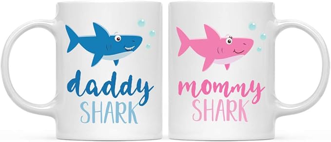 Andaz Press Baby Shark Family 11oz. Coffee Mug Gift Set, Mommy Shark, Daddy Shark, 2-Pack, Shark Do Do Do Gift Idea Birthday Christmas Gifts for Mother's Father's Day