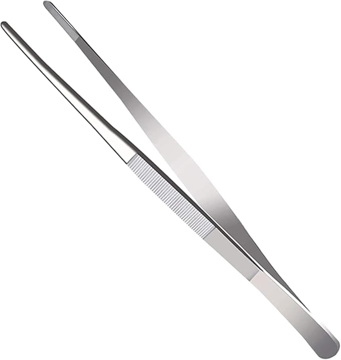 8 Inch Straight Tip Long Forceps Tweezers, Serrated Flat Tips Surgical Tongs Jewelers Needle Metal Sewing Sharp Kitchen Cooking Tweezers With Teeth Knurled Handles (1PCS-200mm)