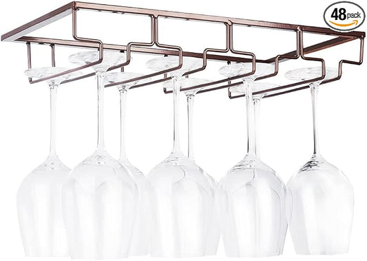FOMANSH Wine Glass Rack Under Cabinet - Stemware Holder Metal Wine Glass Organizer Glasses Storage Hanger for Bar Kitchen Brown 4 Rows