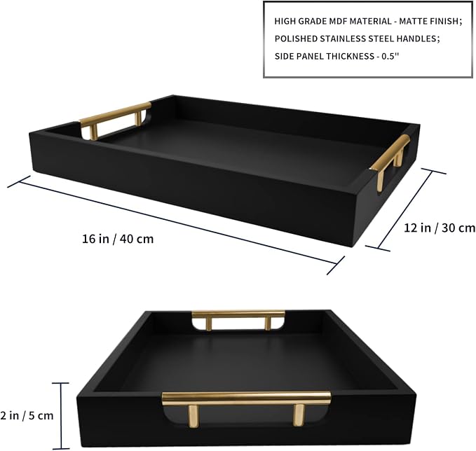 Wooden Decorative Coffee Table Tray, 16" Matte Finish Serving Tray with Handles for Ottoman, Living Room, Perfume, Vanity Dresser Organizer (Carbon Black)