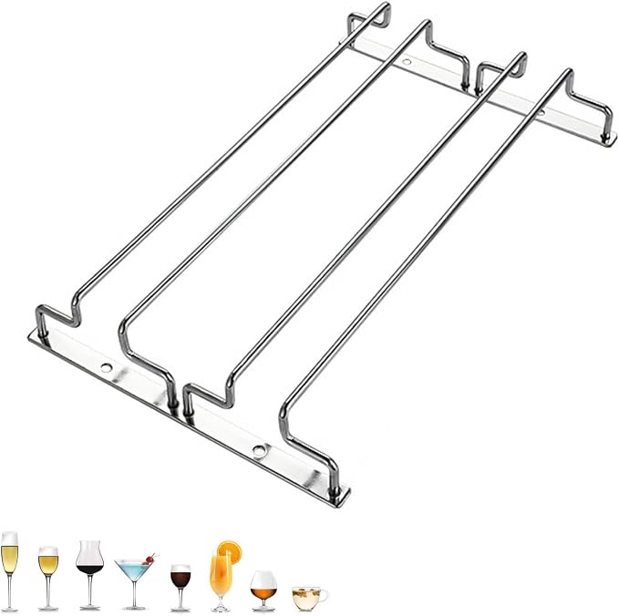 1/2/3 Rows Metal Wine Glass Rack Under Cabinet, Wine Glass Holder, Hanging Storage Organizer, For Shelf Kitchen Bar Decor(13.8in/35cm, Black/Silver) ( Color : Silver , Size : 21.5X35CM(8.5X13.8IN) )