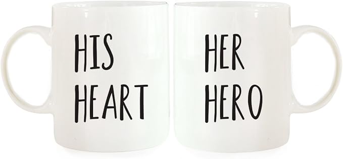 Andaz Press Funny Couples 11 oz Ceramic Coffee Mugs, His Heart, Her Hero, His and Hers Mugs Set of 2, Valentines Day Coffee Mug for Him and Her, Mr and Mrs Mugs, Couple Mugs for Husband and Wife