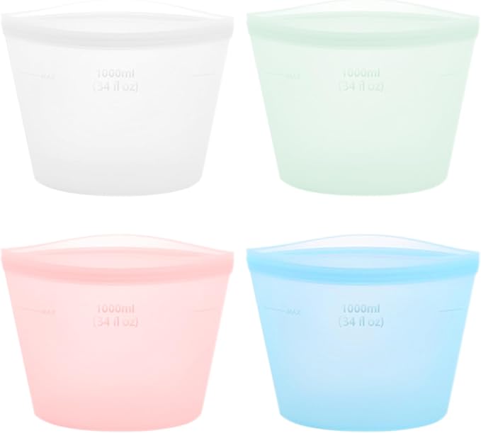 4-Pack Reusable Silicone Food Storage Bags, Stand-Up Pinch-Seal Design, BPA-Free, Microwave & Dishwasher Safe, Mixed Colors (34 oz)