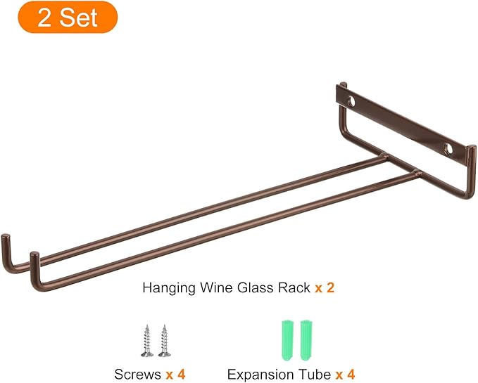 uxcell 2Pcs Wine Glass Rack, 10.43 Inch Iron Wine Glasses Rack Under Cabinet Stemware Rack - Wall Mountable Wine Glass Holder Storage Hanger for Bars Coffee Restaurants Kitchens, Bronze