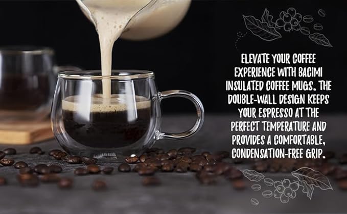 Bacimi® Double Wall Insulated Espresso Coffee Cups 3.5oz Clear Borosilicate Cup with Handle - Thermal Drinking Cups for Espresso, Cappuccino, Latte, Tea, Hot Beverage, Wine - Microwave Safe Set of 4