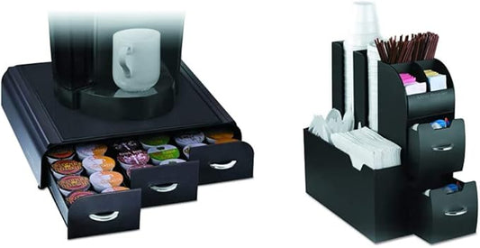 Mind Reader Coffee Pod Organizer with Drawers (36 Pod Capacity) + 11-Compartment Coffee Cup and Condiment Organizer with 2 Drawers