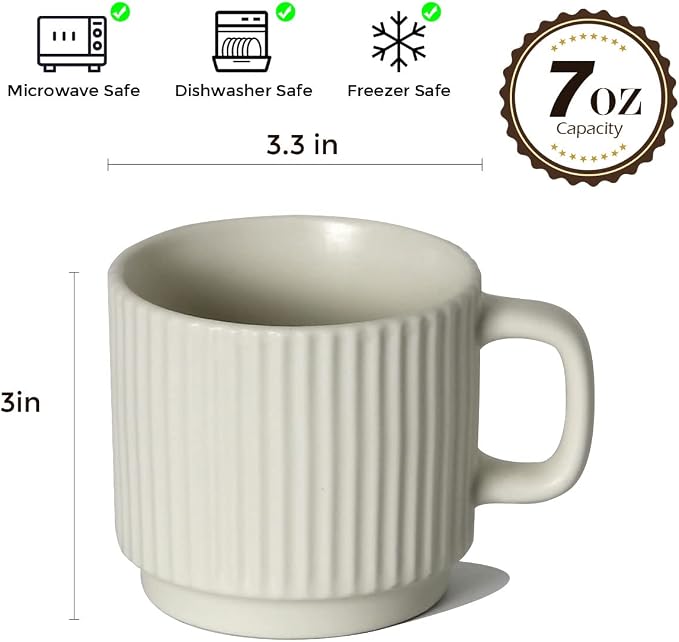 Stackable Coffee Mugs Set of 4, 7 OZ Espresso Ceramics Cups for Latte Cappuccino Cocoa with Handle, Beige