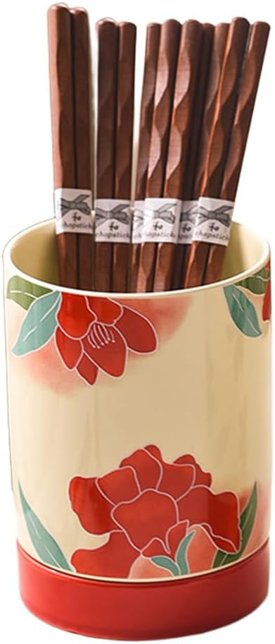 Dxcaicc Vintage Ceramic Utensil Holder for Kitchen Counter, 4 Inch Cooking Utensil Crock with Drain Holes, Elegant Countertop Organizer for Spoons, Chopsticks, Spatulas,Red