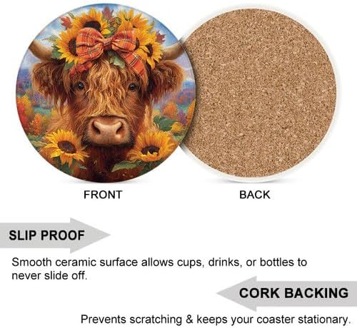 Highland Cow Coasters Set of 6, 4inch Coasters for Drinks Absorbent Stone with Holder Sunflower Decorations Ceramic Drink Coaster for Tabletop Protection, Coffee Table Decor for Home Decor